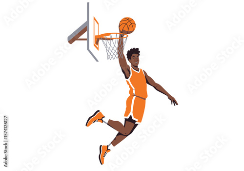 Basketball Player Slam Dunking with Orange Uniform and Ball Near the Hoop.