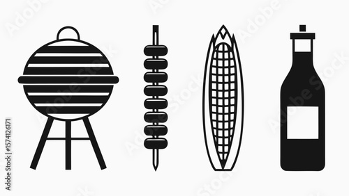 Simple black icons of a grill corn on the cob skewers and a bottle of drink