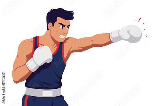 Cartoon Boxer Punching with White Gloves and Blue Tank Top.