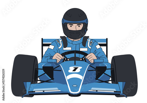 Cartoon Formula One Racer in Blue Suit and Helmet Driving Car.