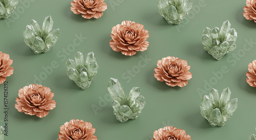 Wallpaper Mural Mystical seamless pattern with green quartz crystals and rose gold flowers on a sage green background. Flat lay for spiritual wellness, esoteric concepts, or luxury beauty branding Torontodigital.ca