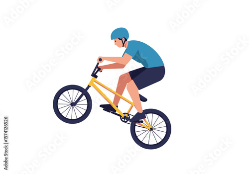 Cartoon Man Riding Yellow BMX Bike with Blue Helmet and Outfit.