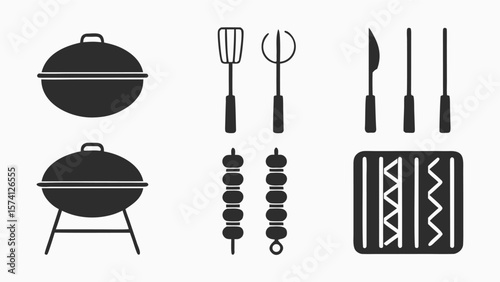 Collection of black silhouette icons representing barbecue grill and cooking utensils on a light background