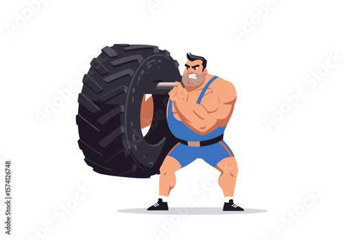 Cartoon Strongman Lifting a Large Black Tire with Intense Expression.