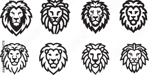 Black and white line art vector icons of majestic lion heads, featuring intricate mane details on a clean white background, perfect for logos and emblems.

