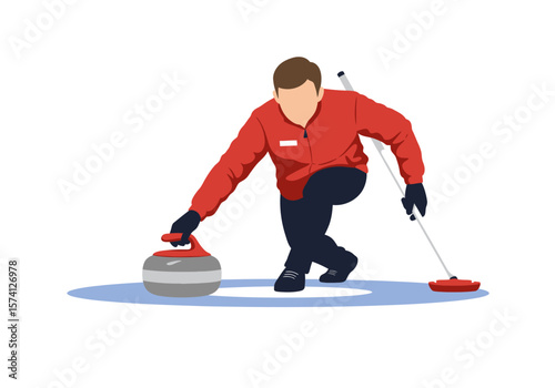 Curling Player in Red Jacket Preparing to Release Stone on Ice.
