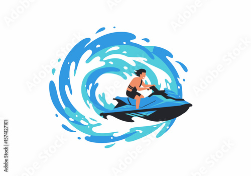 Dynamic Jet Ski Ride with Water Splash Illustration in Blue and Black.