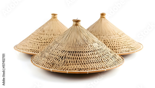 Traditional straw conical hat. Non LA (Vietnamese or Chinese style) crafted conical hats originating. Asian conical hat isolated
