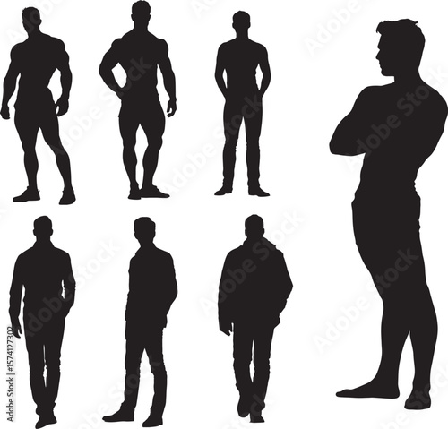 Diverse collection of full-body male silhouettes in various poses on a white background, ideal for design projects and conceptual illustrations.

