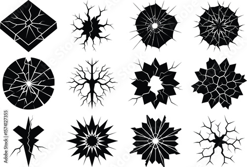 Abstract shattered crack shapes collection, broken glass explosion icons, jagged fracture silhouettes, black impact designs