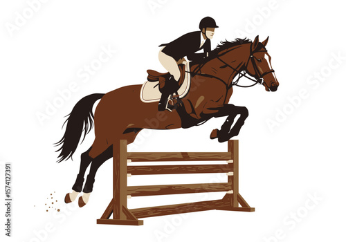 Equestrian Jumper Chestnut Horse and Rider Leaping Over Wooden Fence.