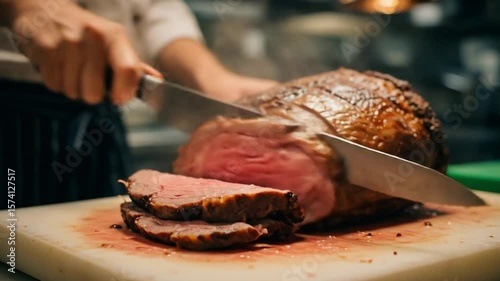 A cinematic close-up shows a perfectly roasted prime rib being expertly sliced in the lively and warm setting of a bustling restaurant kitchen.