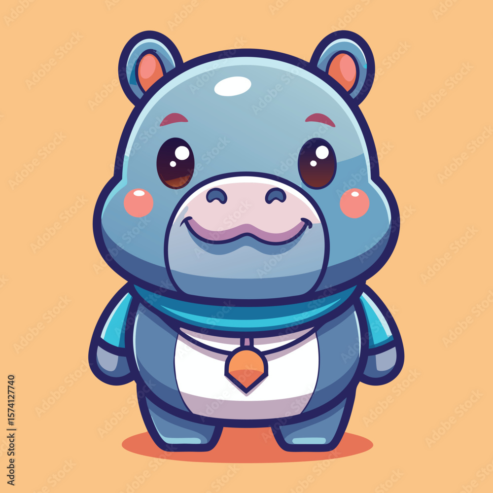 Fototapeta premium Cute hippo cartoon, smiling, pastel background, digital illustration, children's book