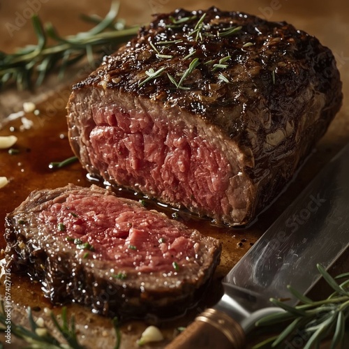 Close-up of a juicy Bistecca Fiorentina sliced to reveal a perfectly rare center, with meat juices glistening, rosemary and garlic scattered around, and a steak knife resting nearby.