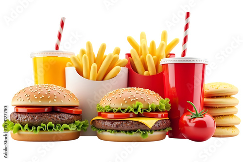 Delicious fast food meal with burgers french fries and drinks on black background