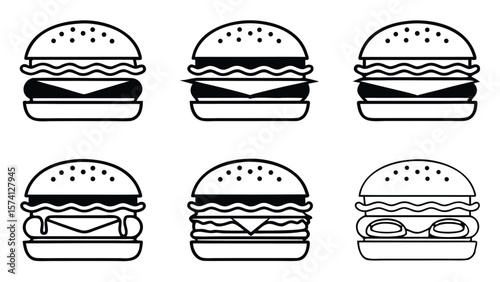 Collection of six simple black and white line art hamburger icons