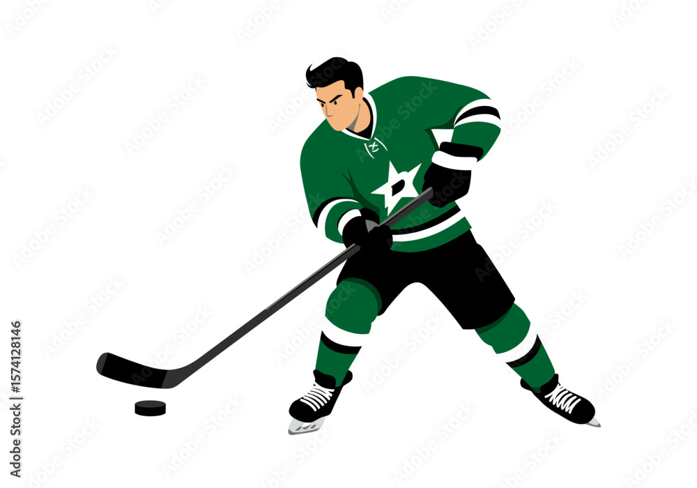 Fototapeta premium Hockey Player in Green Jersey with Puck and Stick Ready to Strike.