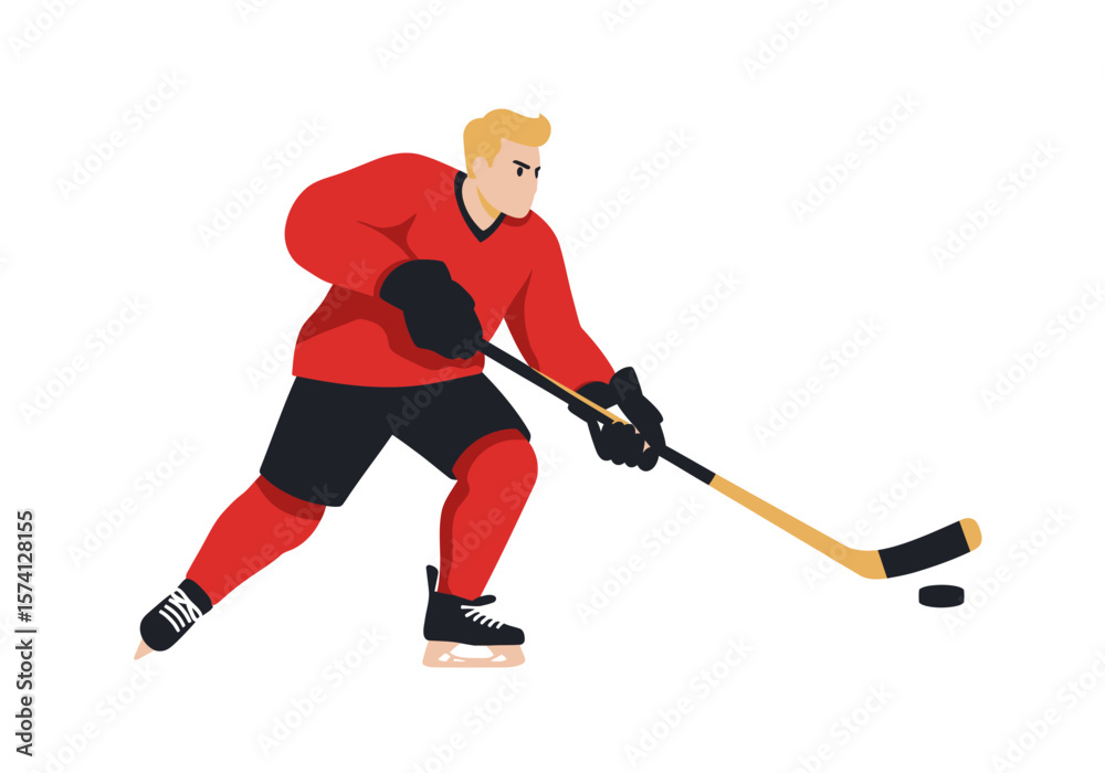 Obraz premium Hockey Player in Red Jersey with Stick and Puck Ready to Strike.