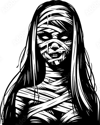 Black and white halloween illustration of a spooky mummy with bandages perfect for kids halloween print, sticker and adult tattoo inspiration