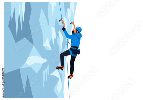 Ice Climber Ascending Frozen Wall with Axes and Crampons in Blue Gear.