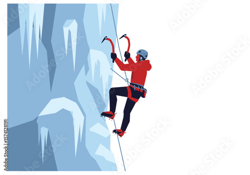 Ice Climber Ascending Frozen Wall with Axes and Safety Gear.