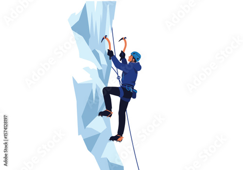 Ice Climber with Blue Helmet Ascending Frozen Wall with Ice Axes.