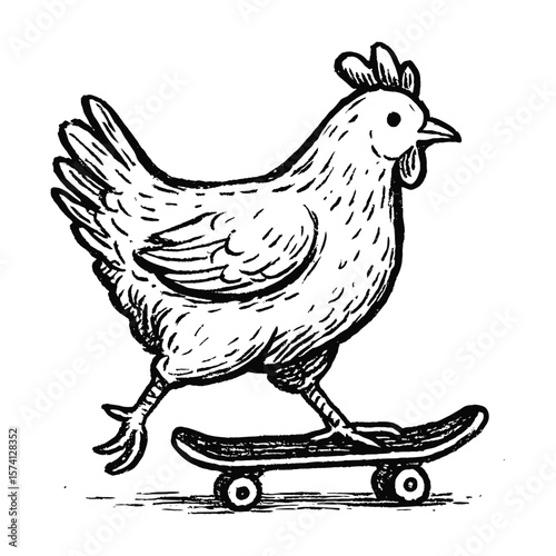 Chicken skateboarding whimsical illustration vector