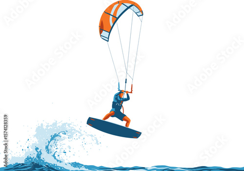 Kitesurfer in Action Orange Kite Blue Board Dynamic Water Sport Illustration.
