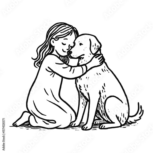 Girl embraces loyal dog vector