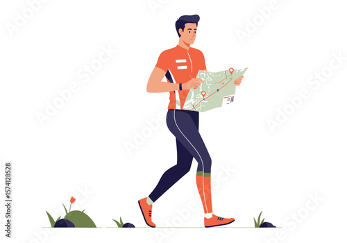 Man in Orange Shirt Reading a Map While Walking Outdoors.