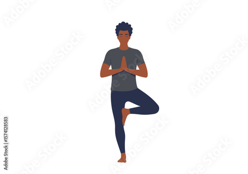 Man in Tree Pose DarkSkinned Yoga Practitioner with Hands in Prayer Position.