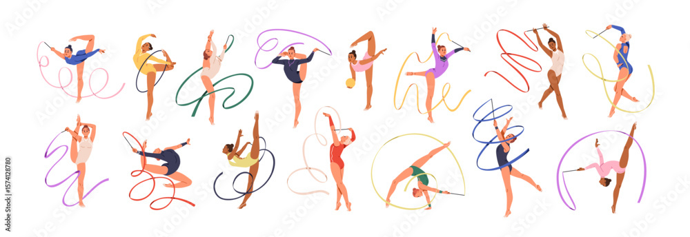 Women gymnasts set. Female athletes performing rhythmic and artistic gymnastics. Professional sports performance with ribbon, ball and hoop. Flat vector illustration isolated on white background Women gymnasts set. Female athletes performing rhythmic and artistic gymnastics. Professional sports performance with ribbon, ball and hoop. Flat vector illustration isolated on white background