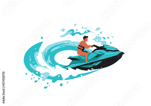 Man riding a turquoise jet ski with water splashes illustration.