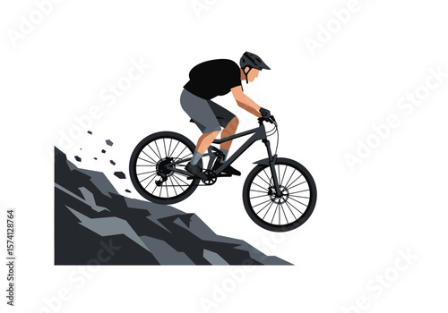 Mountain biker in black helmet riding a gray bike off a cliff.