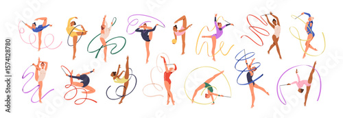 Women gymnasts set. Female athletes performing rhythmic and artistic gymnastics. Professional sports performance with ribbon, ball and hoop. Flat vector illustration isolated on white background