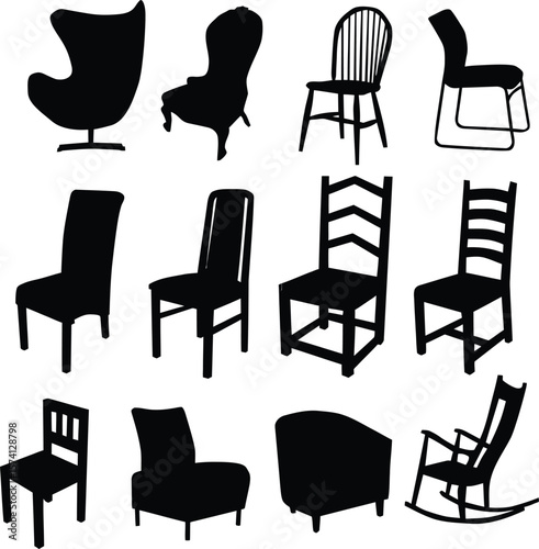 Vector Black Silhouettes of Diverse Chair Designs, Modern and Classic Furniture Collection.