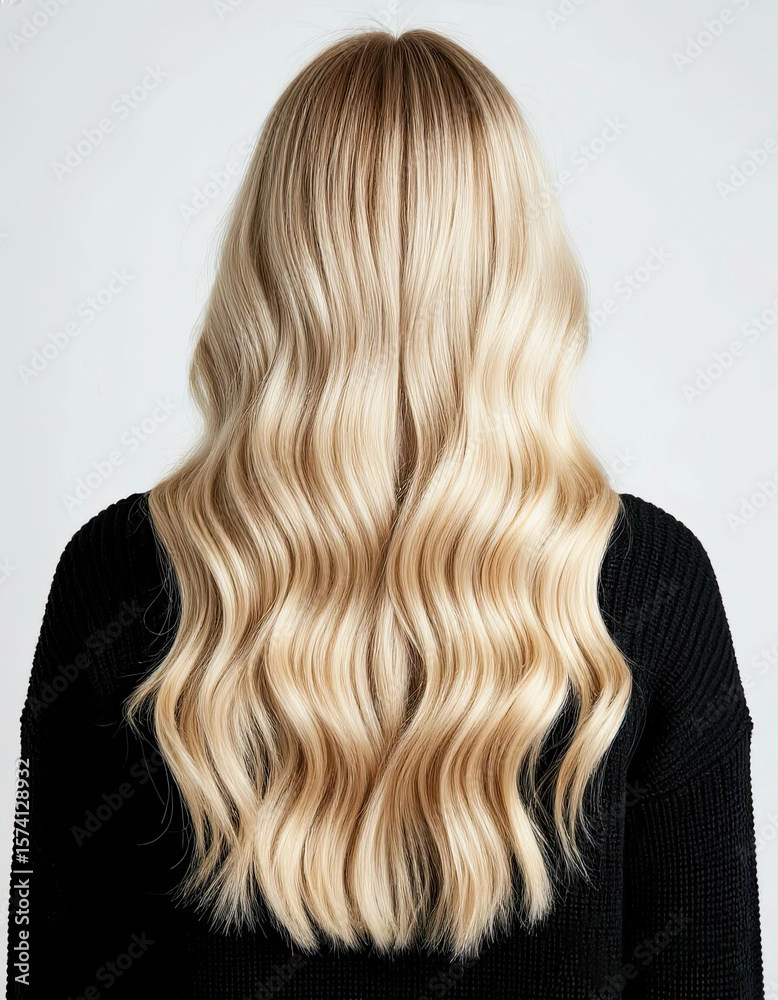 Naklejka premium Back view of a girl in a black sweater with pastel blonde medium-length hair with airy waves. Back view of elegant loose curls blonde