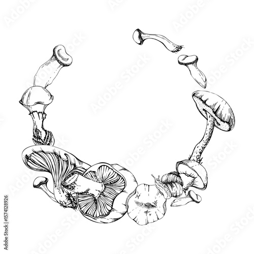 Bolete cep russula suillus oyster mushroom fungi. Wreath frame hand drawn in vector ink. Autumn forest harvest, edible raw ingredient for vegan cooking. Label tag menu recipe cards, stationery accent