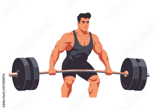 Muscular Man Lifting Heavy Barbell with Concentrated Expression Vector Illustration.
