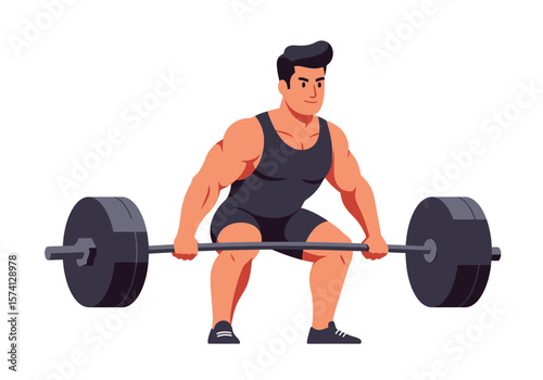 Muscular man lifting heavy barbell wearing black sportswear squatting position.