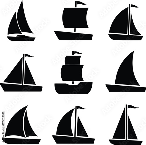 Vector Black Silhouettes of Diverse Ships and Sailboats Set, Nautical Watercraft Collection.