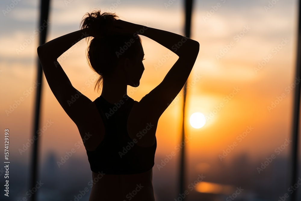 Fototapeta premium Woman hands on head watching sunset city, Female silhouette relaxing after exercise, Peaceful moment lifestyle concept