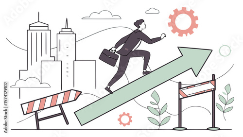 A determined business professional, illustrated as a man in a suit, climbs an upward arrow, symbolizing progress and ambition.