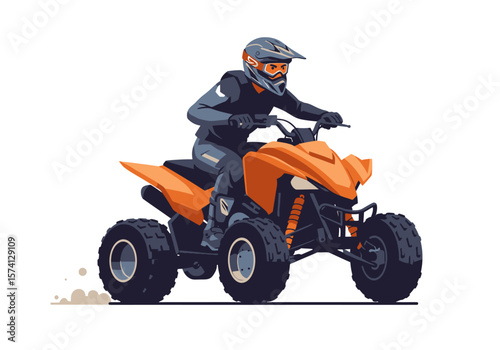 Orange ATV with Rider in Full Protective Gear Vector Illustration.