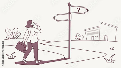A thoughtful woman of East Asian descent stands at a crossroads, contemplating her next step in a serene landscape.