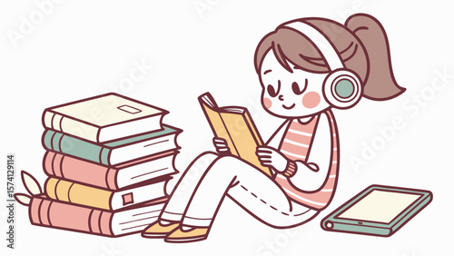 A young girl of Asian descent enjoys reading a book while listening to music through headphones, surrounded by colorful stacks of books.