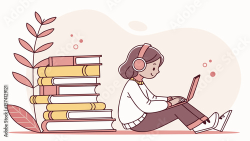 A young girl of Asian descent, wearing headphones, types on a laptop next to a stack of colorful books in a cozy environment.