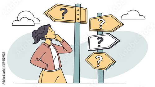 Pensive woman contemplating choices at a crossroads, surrounded by directional signs with question marks.