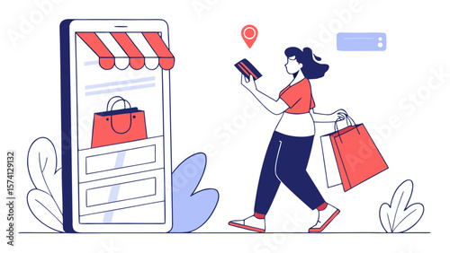 A young woman with wavy hair, carrying shopping bags, happily makes an online purchase via her phone.