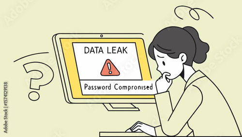 A concerned woman anxiously reacting to a data leak alert on her computer screen, illustrating cybersecurity issues.